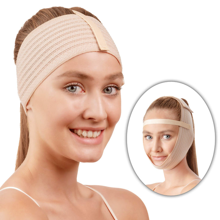 Post Surgical Chin Strap Bandage for Women - Neck and Chin Compression Garment Wrap - Face Slimmer, Jowl Tightening, Chin Lifting (Beige)