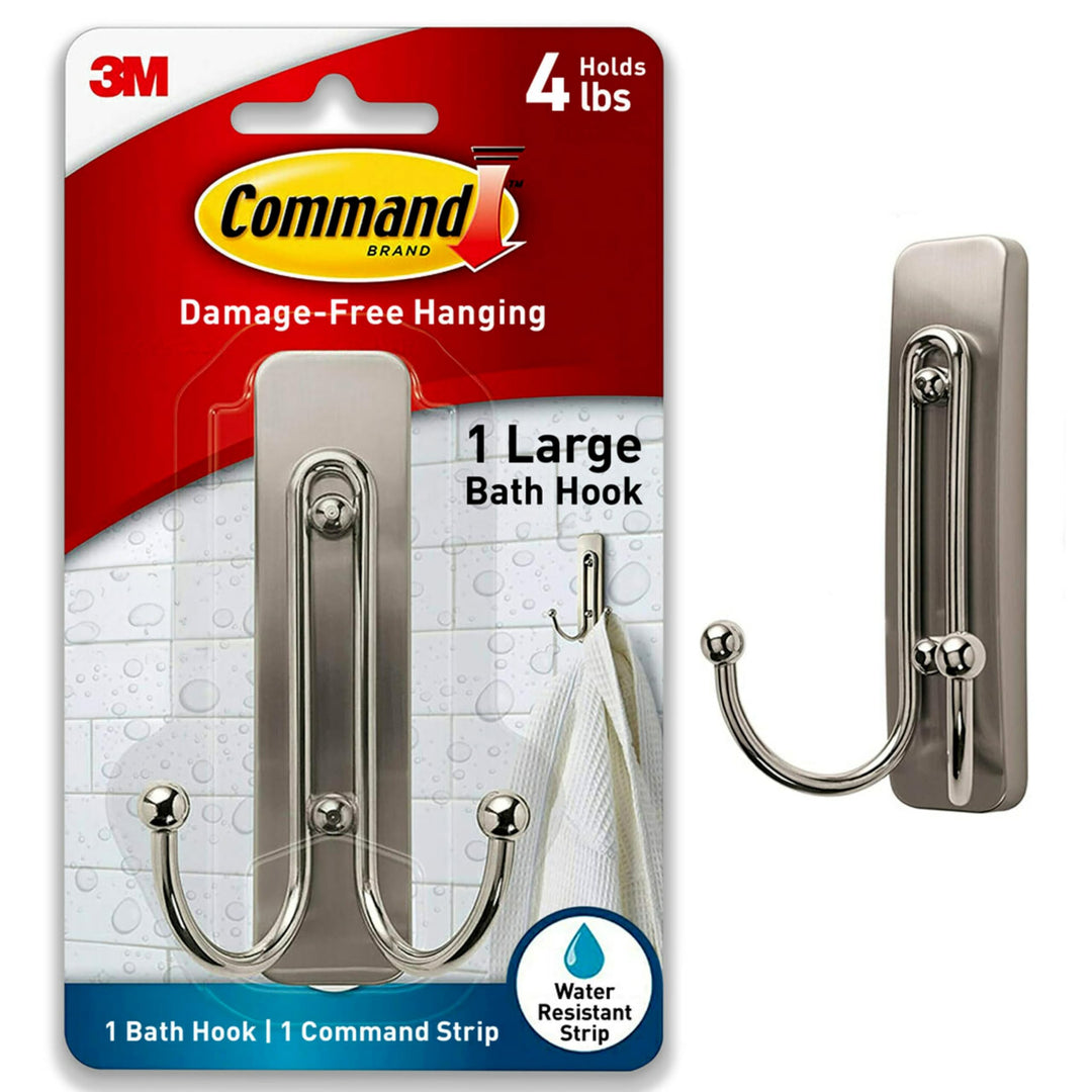 Large Double Bathroom Wall Hook, Damage Free Hanging Bath Hook with Adhesive Strip, Double Hook for Hanging Bath Towels, 1 Satin Nickel Colored Wall Hook and 1 Water-Resistant Strip