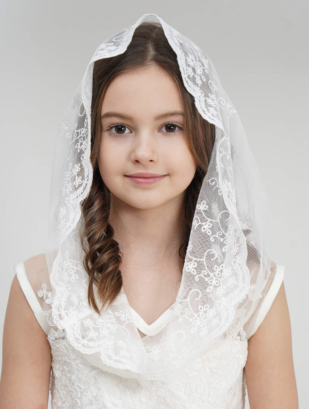 Flowergirl Lace Veil Floret Edge Headband First Communion Veil Girls Lace Headwrap For Girls F07 (Ivory)