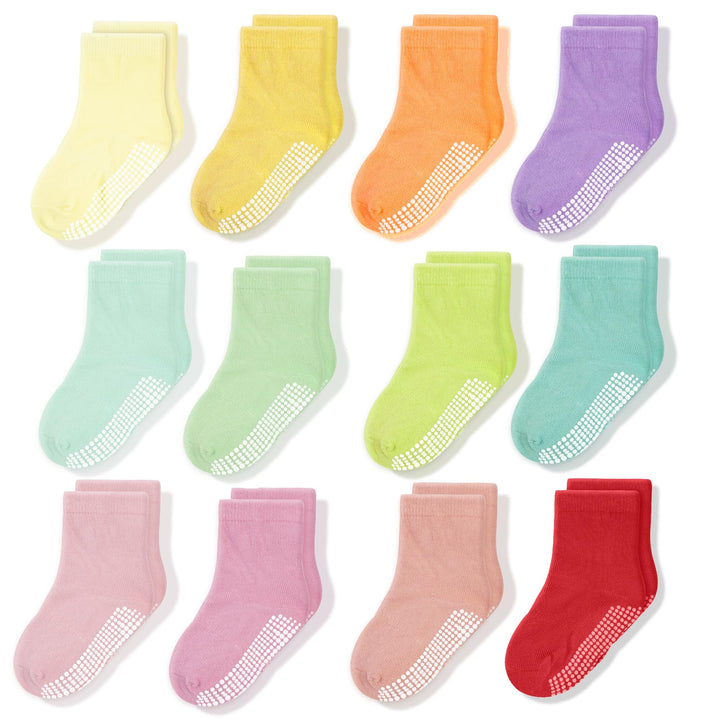 Non-Slip Ankle or Crew Grip Toddler Socks, 12 Pack for Boys &amp; Girls, Colorful, 3-5 Years Old