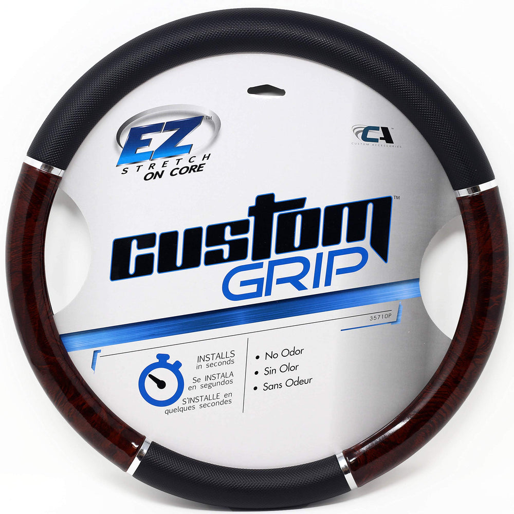 35710P Black Steering Wheel Cover with Woodgrain Design and Chrome Trim