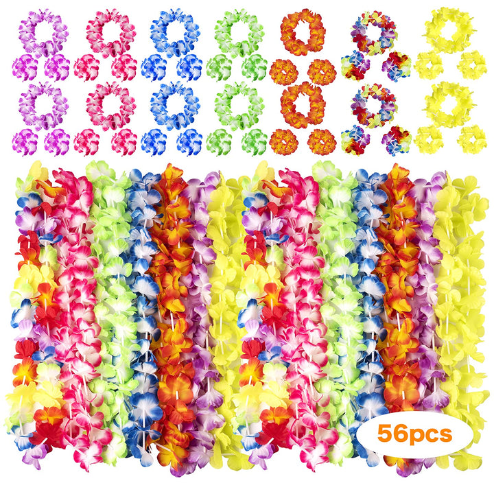 56 Counts Hawaiian Leis, Luau Party Supplies of Elastic Flowers Necklaces, Headbands and Wristbands - Tropical Hawaiian Decorations, Beach Party Decorations, Birthday Party Favors