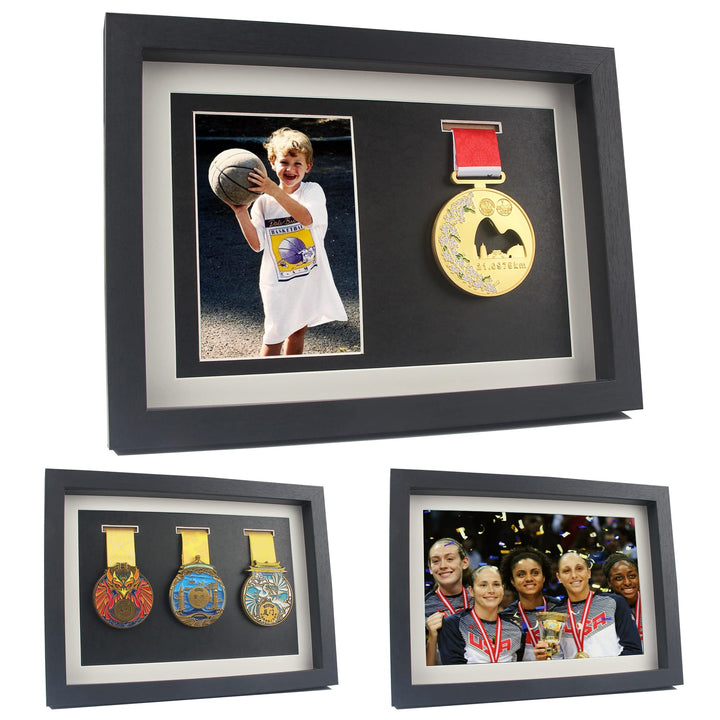 Medal Display Shadow Box - 3 Medal Display case - Perfect Medal Display for Runners, Marathon, RECE Winner, Soccer, Football, Gymnastics &amp; All Sports (A4, black)