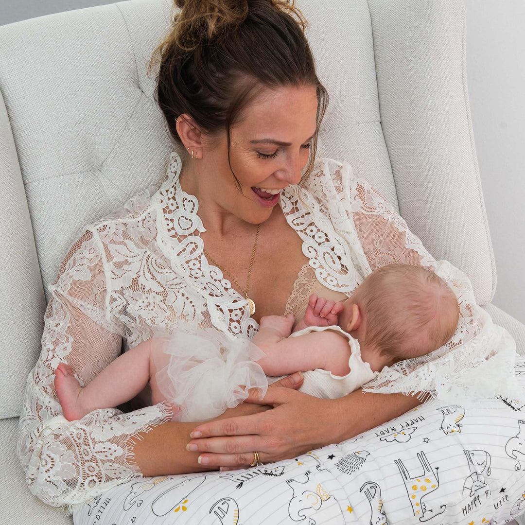 Boppy Nursing Pillow Original Support, White and Gold Notebook, Ergonomic Nursing Essentials for Bottle and Breastfeeding, Firm Fiber Fill, with Removable Nursing Pillow Cover, Machine Washable