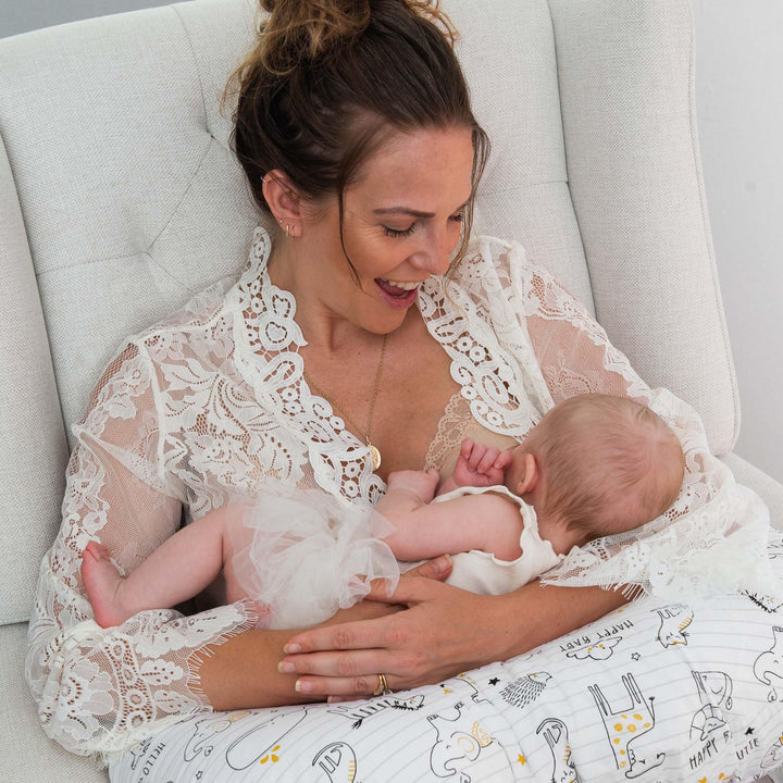 Boppy Nursing Pillow Original Support, White and Gold Notebook, Ergonomic Nursing Essentials for Bottle and Breastfeeding, Firm Fiber Fill, with Removable Nursing Pillow Cover, Machine Washable