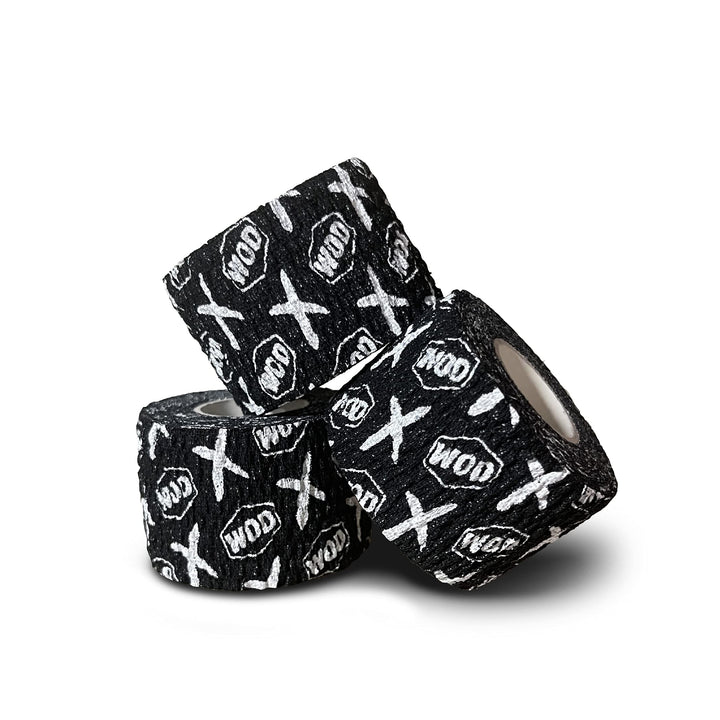 WOD Recovery Hook Grip Weightlifting Tape - Sweatproof &amp; Chalk-Resistant, Adhesive Wrap for Thumb, Fingers, &amp; Hands - Black/White, 1.5 Inches x 16 Feet