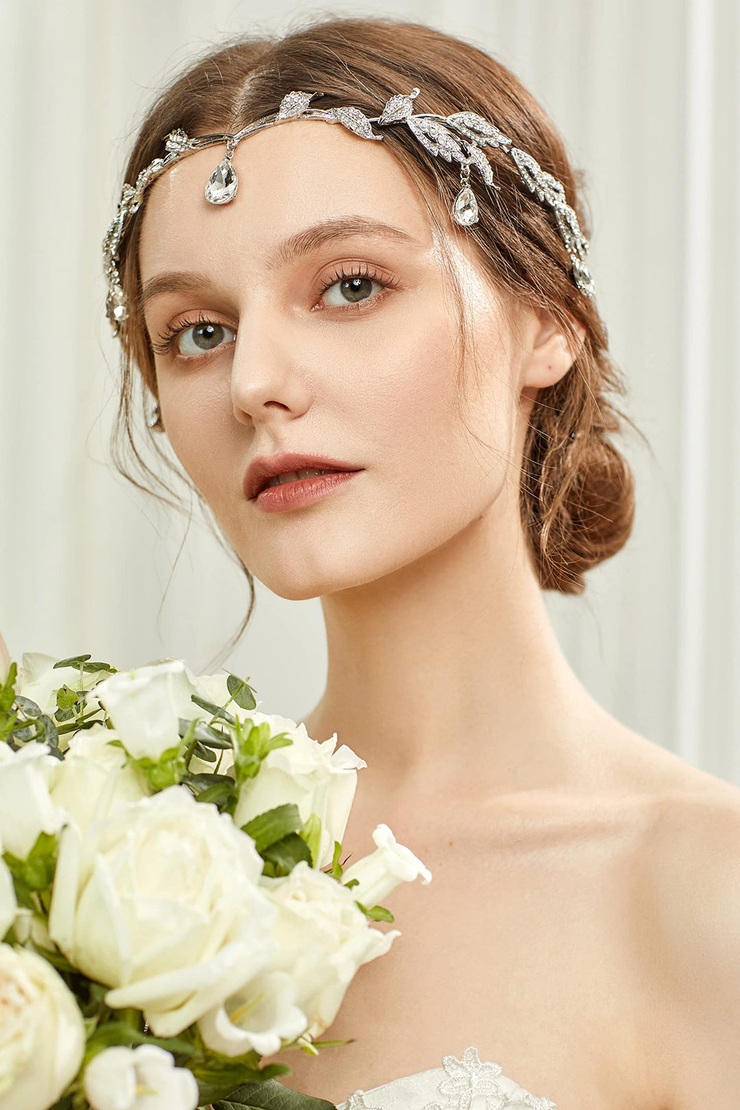 Elegant Rhinestone Leaf Wedding Bridal Bridesmaid Forehead Band Dangle Rhinestone Bridal Tiara Crown with Gift Box , Silver, One size