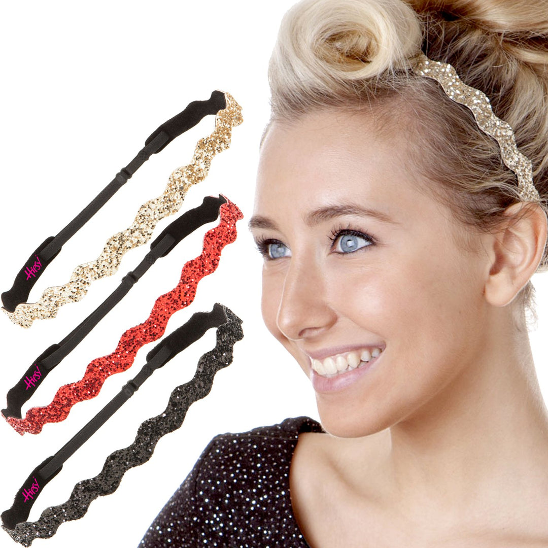 Women&#39;s Adjustable NON SLIP Wave Bling Glitter Multi 3pk (Black/Red/Gold)