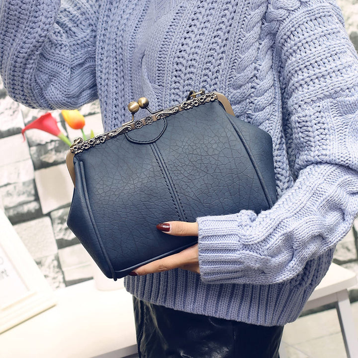 Women Small Retro Kiss Lock Pu Leather Vintage Purses and Handbags Tote Bags Navyblue