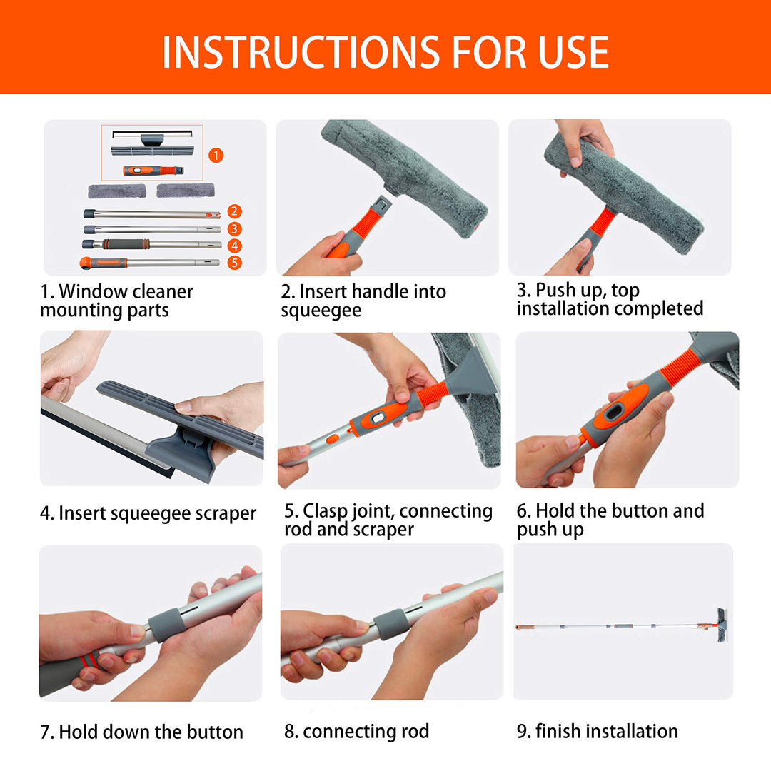 Professional Window Squeegee Cleaner, 2 in 1 Shower Squeegee with Extension Pole, 62‘’ Telescopic Window Washing Equipment with Bendable Head, Glass Cleaning Tools for Indoor/Outdoor High Window