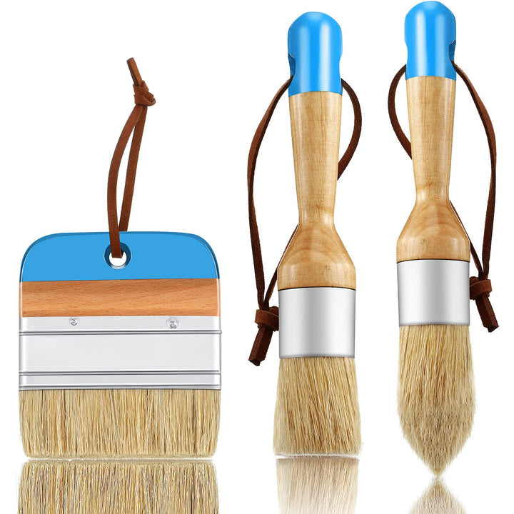 3 Pcs Chalk Paint Brushes Oval Paint Brush Chalk Paint Wax Brushes Bristle Paint Brushes for Furniture Stencils Home Decor, Including Flat Pointed and Round Chalk Paint Brushes(Blue)