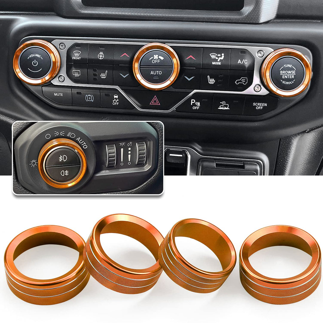 JL JLU Gladiator JT Climate Volume Auto Knobs Ring Air Conditioner Headlight Switch Trim Cover Center Console Knob fit for 2018-2021 Jeep Wrangler JL JLU Gladiator JT Accessories 4pcs (Black)