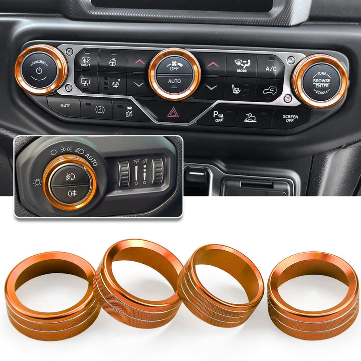 JL JLU Gladiator JT Climate Volume Auto Knobs Ring Air Conditioner Headlight Switch Trim Cover Center Console Knob fit for 2018-2021 Jeep Wrangler JL JLU Gladiator JT Accessories 4pcs (Black)