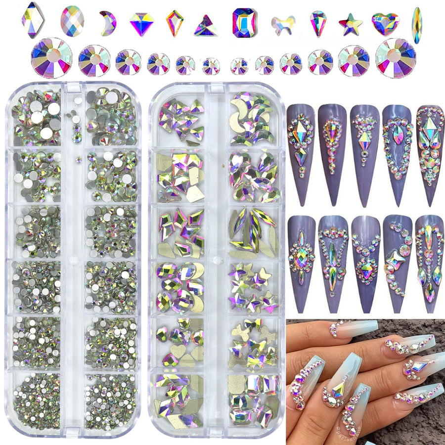 Nail Art Rhinestones Kit 1680Pcs White AB Crystal Rhinestone for Nails Flatback Rhinestones Beads Multi Shapes Crystals Gems Nail Charms Decorations for Nail Art Craft DIY Clothes Shoes Jewelry
