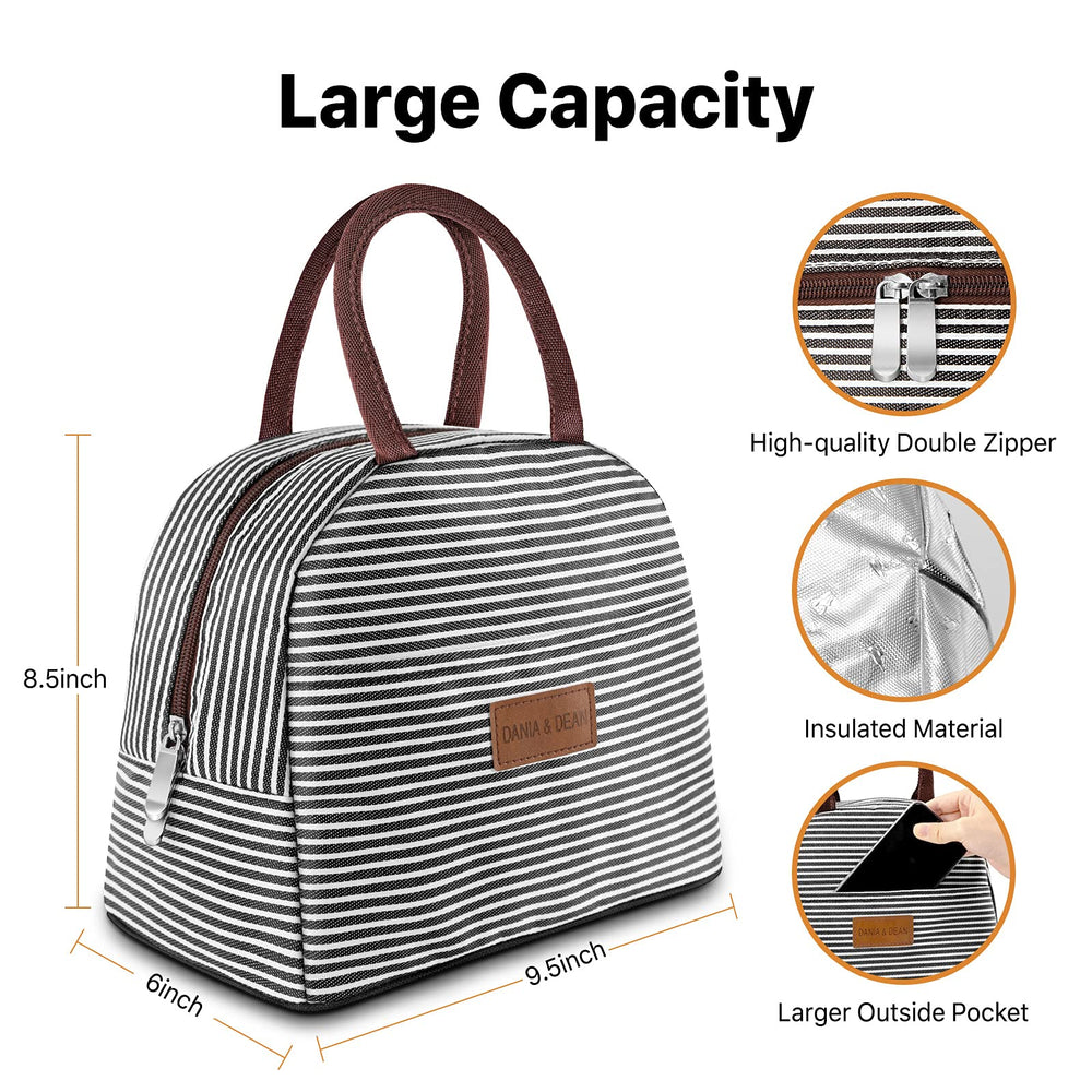 Durable Insulated Lunch Bag for Women/Kids Double Zippers Wide Open Tote Bag Leakproof Thermal and Cooler Reusable Lunch Box for Office/School/Outdoor (Black and White Stripes)
