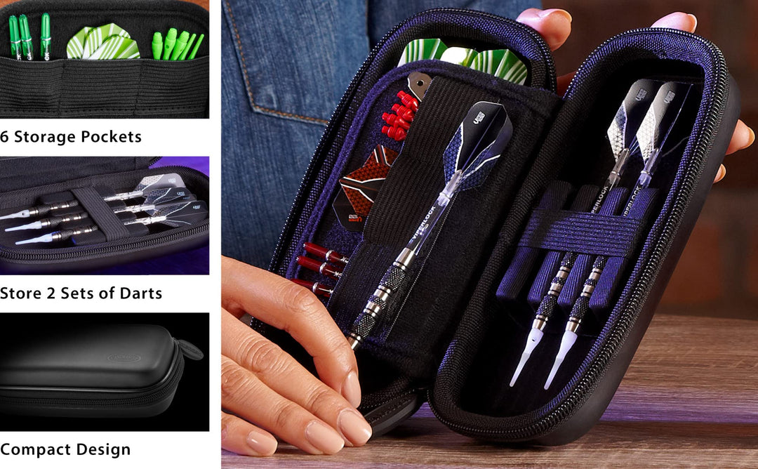 Sentry 6 Dart Case Slim, Holds Extra Accessories, Tips, Shafts and Flights, Compatible with Steel Tip and Soft Tip Darts, Impact &amp; Water Resistant TacTech Shell, Black Zipper