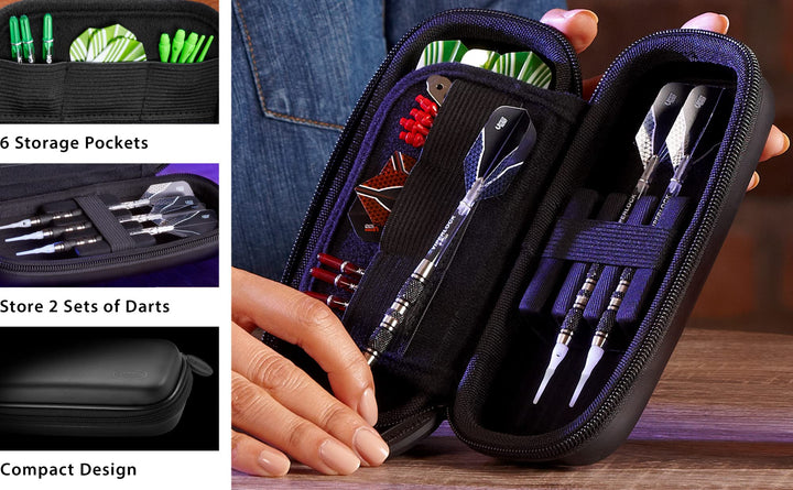 Sentry 6 Dart Case Slim, Holds Extra Accessories, Tips, Shafts and Flights, Compatible with Steel Tip and Soft Tip Darts, Impact &amp; Water Resistant TacTech Shell, Black Zipper