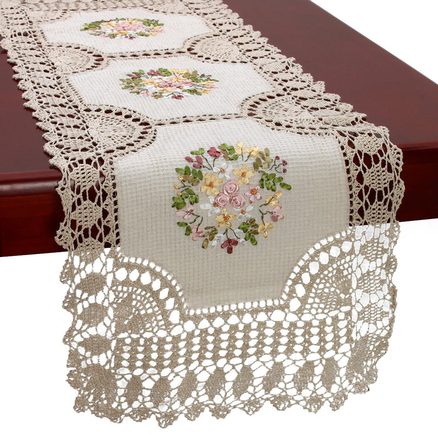 Handmade Crochet Cotton Lace Table Runner Dresser Scarf, Ribbon Embroidery, Rectangle 16 x 56 Inches