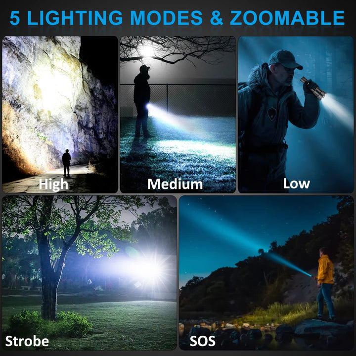 Rechargeable LED Flashlights High Lumens, 120000 Lumen Super Bright Powerful Flashlight, 5 Light Modes, Zoomable, IPX6 Waterproof Flashlights for Outdoor