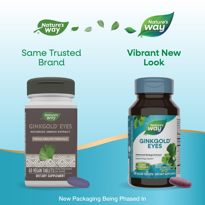 Nature&#39;s Way Ginkgold Eyes, Gingko Biloba Supplement for Adults, Supports Eye Health*, Gluten Free, 60mg Ginkgo Biloba Extract Per 2- Tablet Serving, 60 Tablets (Packaging May Vary)