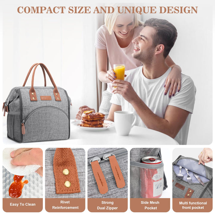 Lunch Bag Women Insulated Lunch Box Wide-Open Lunch Tote Bag Large Drinks Holder Durable Nylon Thermal Snacks Organizer for Men Adults Work Picnic Hiking Beach Fishing,Grey