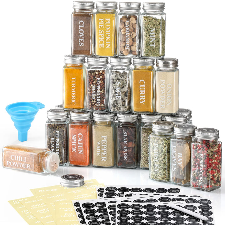 AOZITA 24 Pcs Glass Spice Jars with Labels - 4oz Empty Square Spice Bottles Containers, Condiment Pot, Shaker Lids and Airtight Metal Caps - Silicone Collapsible Funnel