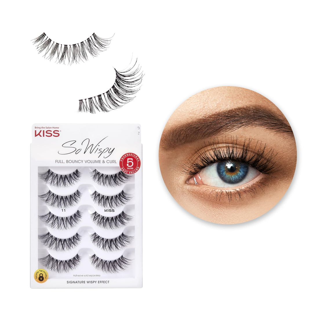 So Wispy, False Eyelashes, &#39;Style #11&#39;, 12 mm, Includes 5 Pairs Of Lashes, Contact Lens Friendly, Easy to Apply, Reusable Strip Lashes, Glue On, Mulitpack