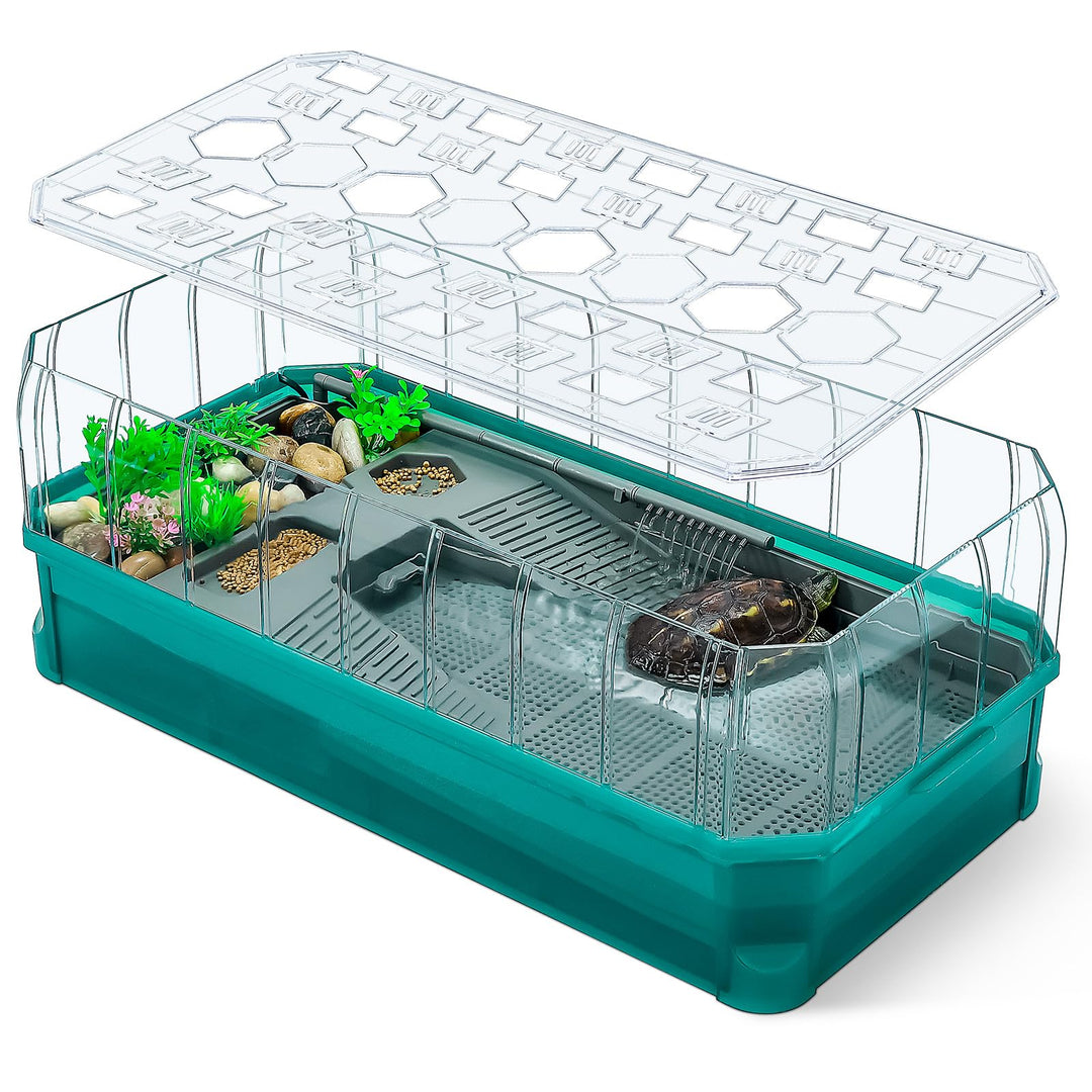 Binano 18.2''×9.1''×7.8'' Turtle Aquarium Turtle Tank kit Includes Accessories with Water Filter High Anti-Escape Fence and Large Space, Turtles can be Given a Shower, Habitat for Terrapin Turtles