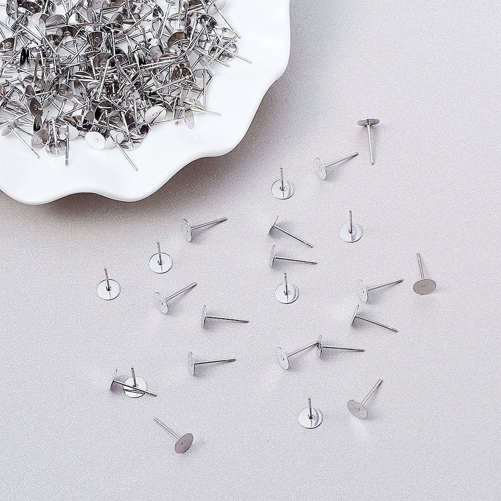 500 Pieces Stainless Steel Flat Round Blank Peg Earrings Posts Flat Pad Ear Stud Components Earring Making Findings (12x6mm, Pin: 0.6mm)