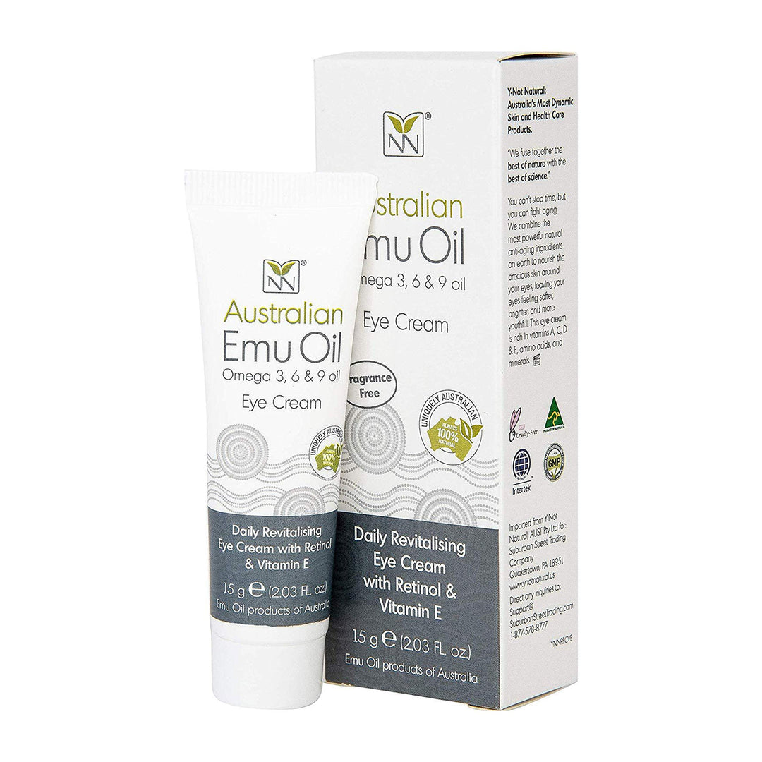 Y-Not Natural - Emu Oil Daily Revitalizing Eye Cream with Retinol, Vitamin E, A, C &amp; D (15 g Tube) | SPF 15 Sun Protection Anti Aging Facial Skin Care to Reduce Puffiness, Fine Lines &amp; Dark Spots
