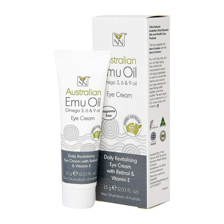 Y-Not Natural - Emu Oil Daily Revitalizing Eye Cream with Retinol, Vitamin E, A, C &amp; D (15 g Tube) | SPF 15 Sun Protection Anti Aging Facial Skin Care to Reduce Puffiness, Fine Lines &amp; Dark Spots