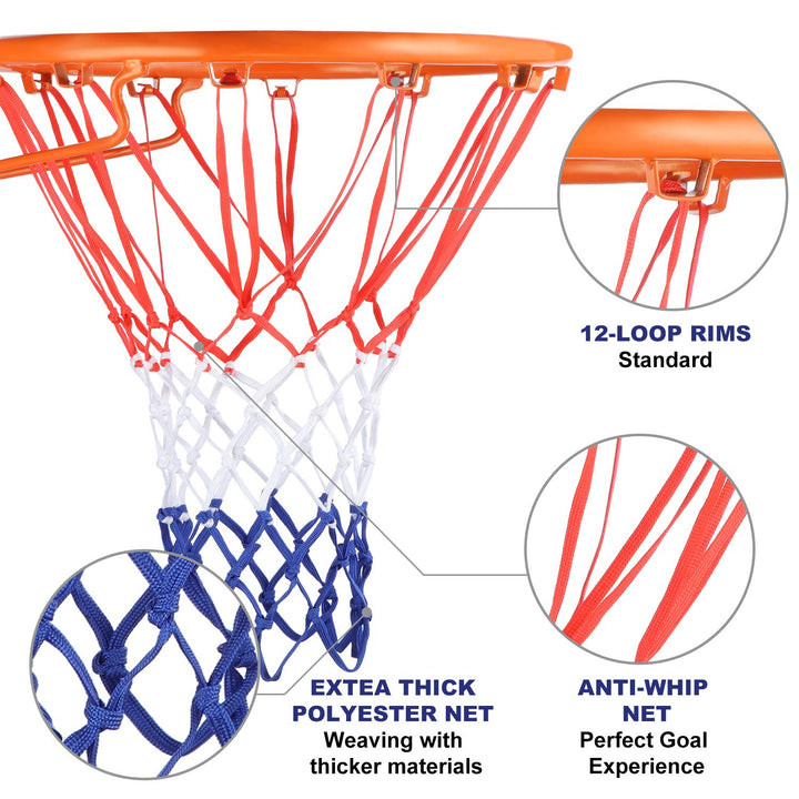 Heavy Duty Basketball Net Replacement All Weather Basketball Net Fits Standard Indoor or Outdoor, 12 Loop (Red, White, Blue)