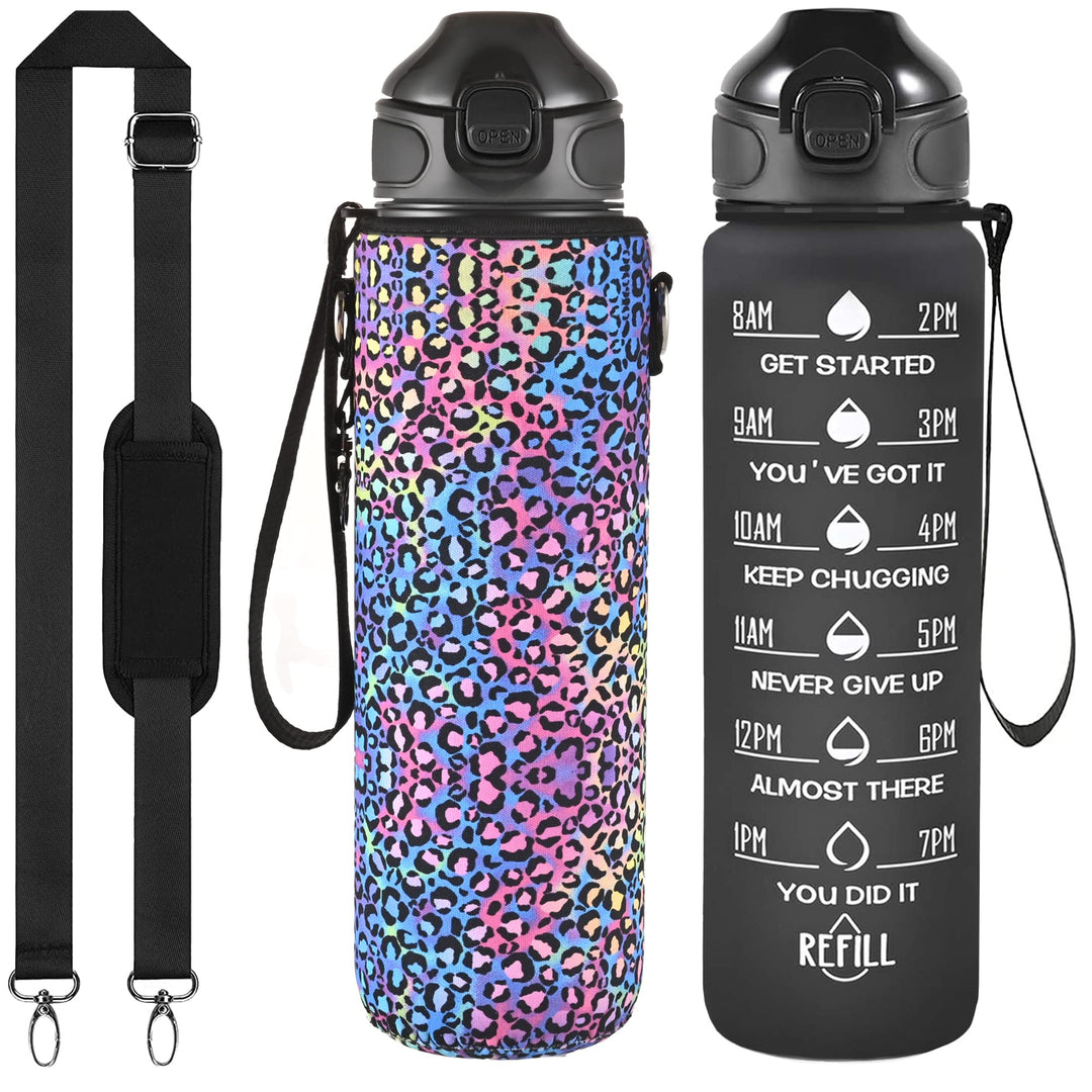 32 oz Water Bottle with Strap Sleeve, Durable Water Bottle with Times to Drink and Straw, Leakproof BPA &amp; Toxic Free, Insulated Water Bottle for Men Women Gym Sports Outdoors