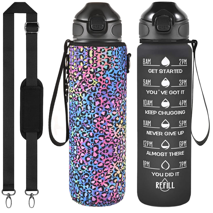 32 oz Water Bottle with Strap Sleeve, Durable Water Bottle with Times to Drink and Straw, Leakproof BPA &amp; Toxic Free, Insulated Water Bottle for Men Women Gym Sports Outdoors