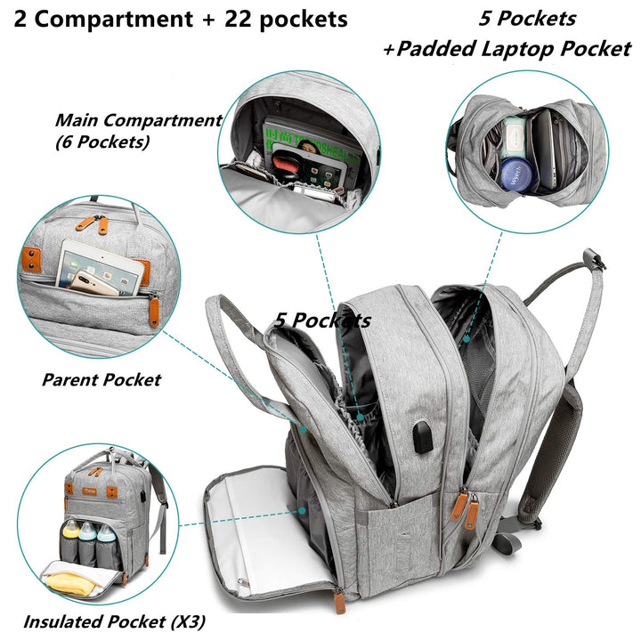 Diaper Bag Backpack, Transformable Baby Bag, Spacious Enough for Twins&#39; Stuff, Multifunction Back Pack, Gray