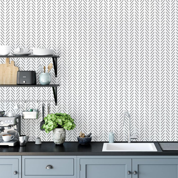 Black and White Peel and Stick Wallpaper Modern Herringbone Contact Paper Bathroom 17.7inch x 78.7inch Geometric Removable Wall Paper Peel and Stick Self Adhesive Contact Paper