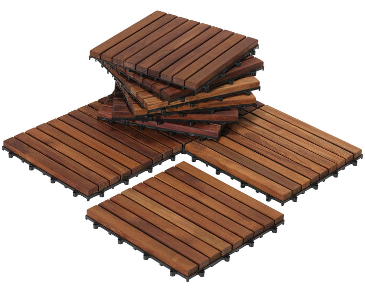 EZ-Floor Interlocking Flooring Tiles in Solid Teak Wood Oiled Finish (Set of 10), Long 9 Slat