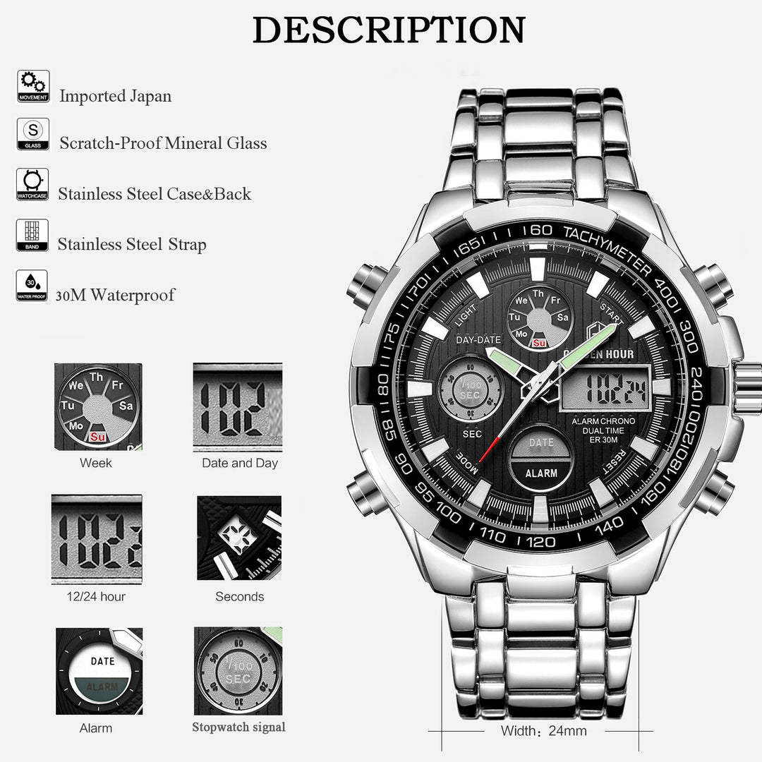 GOLDEN HOUR Luxury Stainless Steel Analog Digital Watch