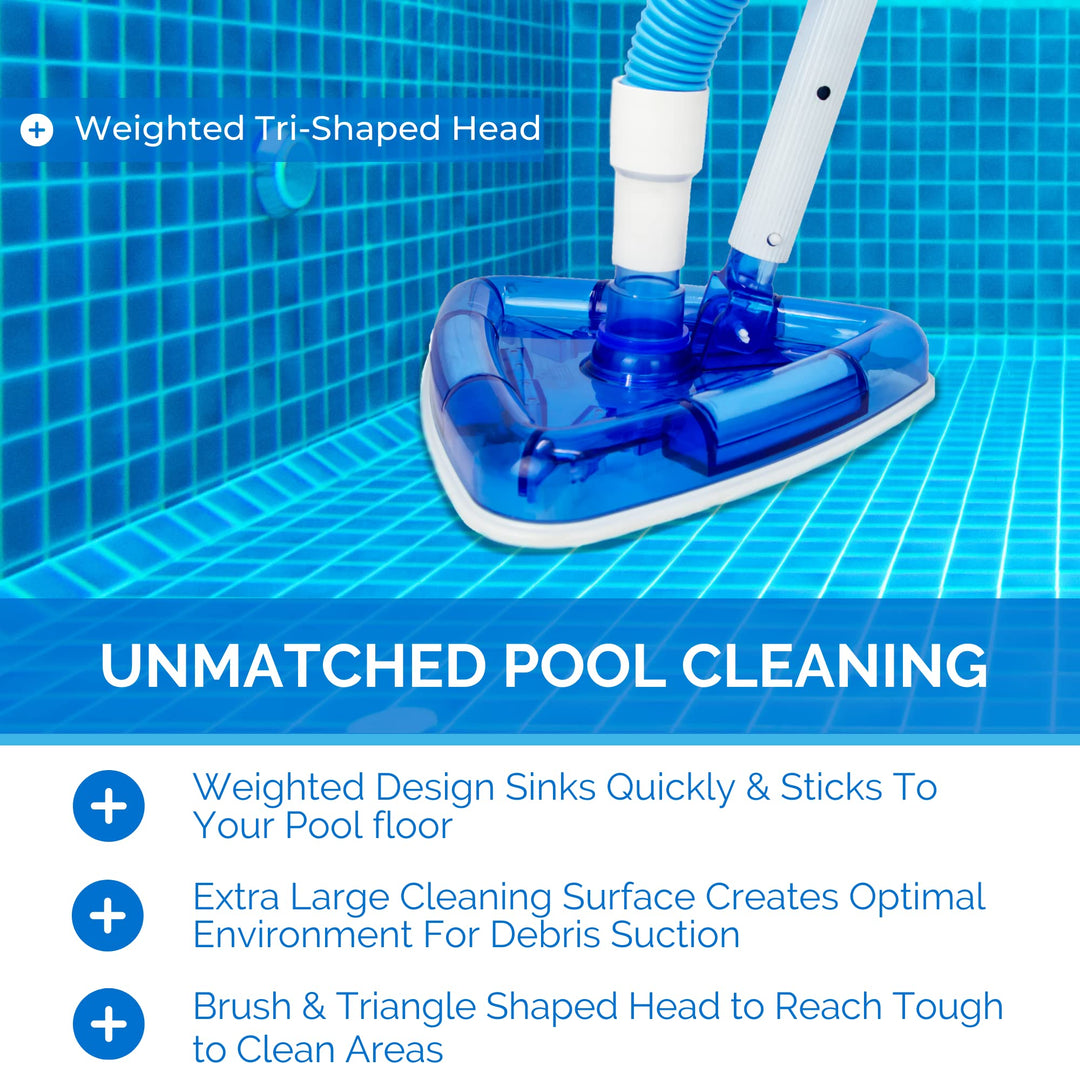 SWIMLINE HYDROTOOLS Manual Pool Vacuum Head Attachment For Inground &amp; Above Ground Pools |Weighted Swimming Pool Vac Head Clear Triangle Shape W/ Bristles| Swivel Hose 1-1/4 or 1-1/2’’| 8145