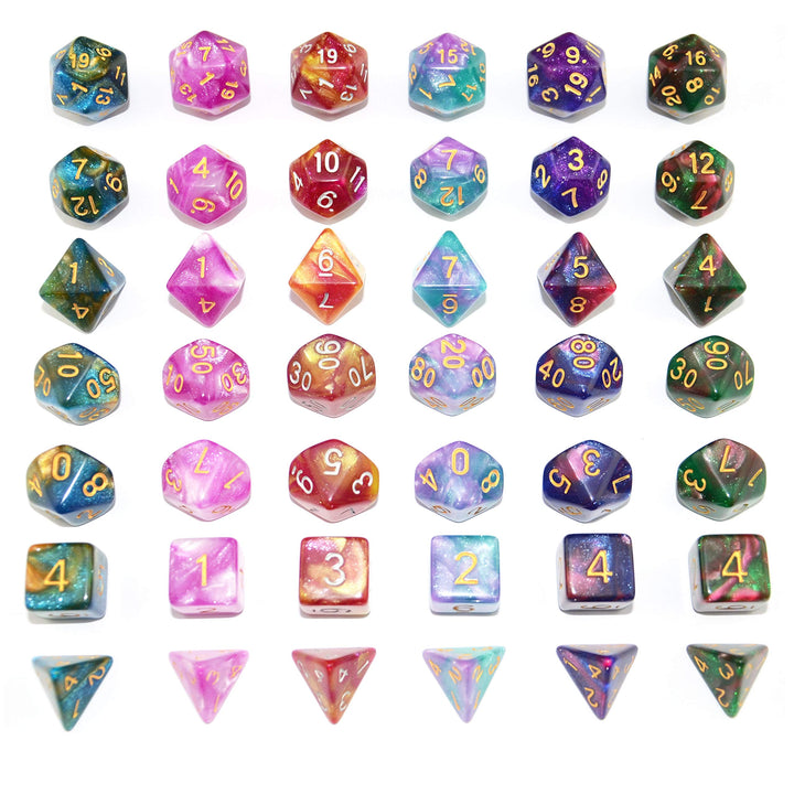 SmartDealsPro 6 x 7 Sets (42 pcs) Glitter Polyhedral Dice Sets with Pouches for DND RPG MTG Dungeon and Dragons Table Board Roll Playing Games D4 D8 D10 D12 D20 (6 Sets)