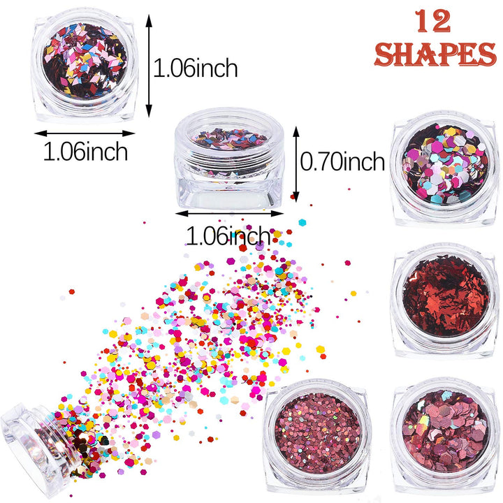 12 Boxes Holographic Nail Art Sequins Valentine's Day Glitter Nail Sequins Powder Iridescent Nail Flakes Mixed Laser Confetti for Nail DIY Art Makeups Supplies (Rose Gold)