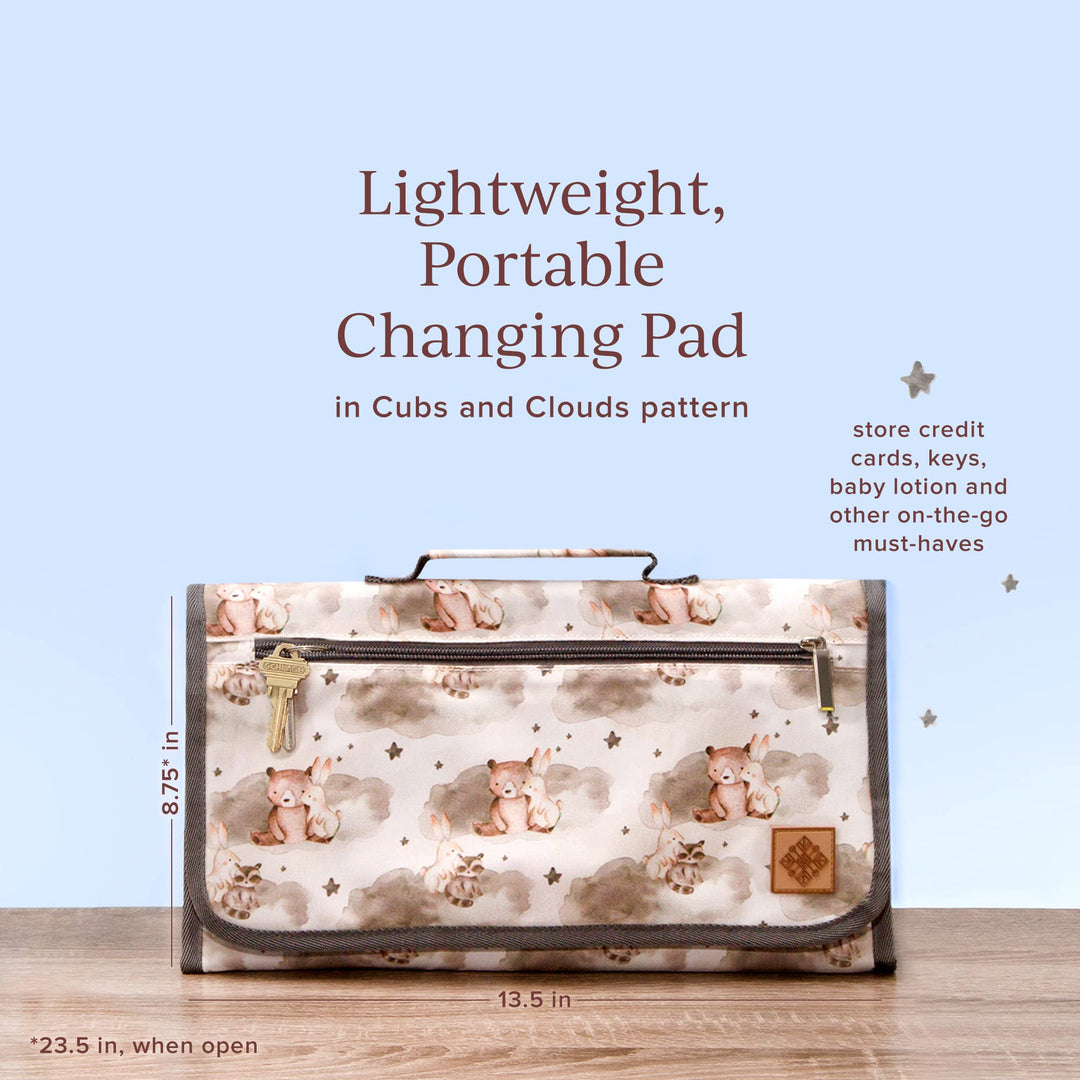 Portable Diaper Changing Pad by Candid Goods, Baby Changing Pad, Diaper Bag or Changing Table Pad with Smart Wipes Pocket, Lightweight & Waterproof Travel Changing Mat for Newborns (Cubs & Clouds)