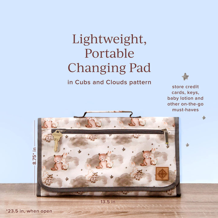 Portable Diaper Changing Pad by Candid Goods, Baby Changing Pad, Diaper Bag or Changing Table Pad with Smart Wipes Pocket, Lightweight & Waterproof Travel Changing Mat for Newborns (Cubs & Clouds)