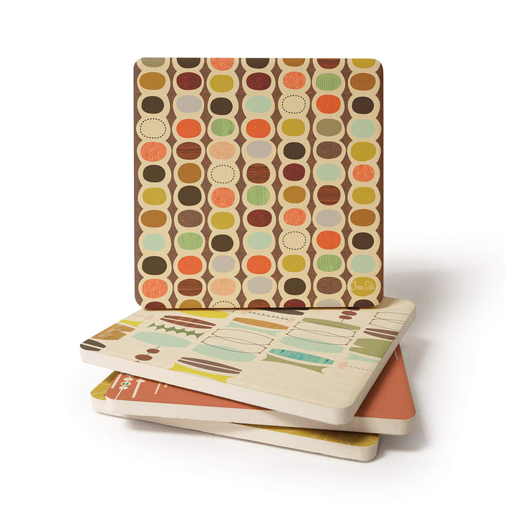 Absorbent Coasters, 4-1/4-Inch, Retro Modern, Set of 4