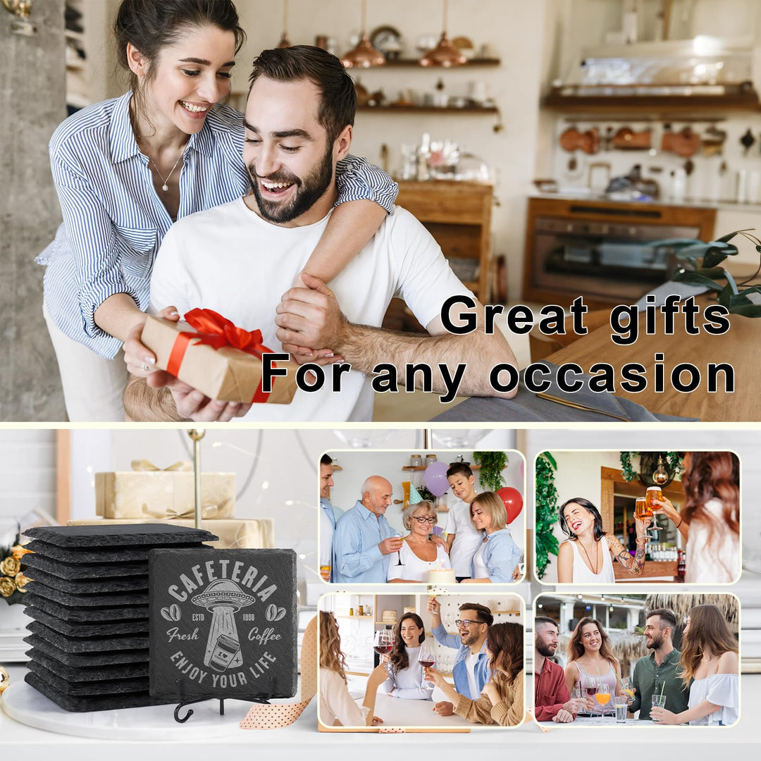 Slate Coasters, 4 Inch Coasters Set 12 Square Rustic Black Stone Coasters Set for Drinks with Anti-Scratch Backing for Halloween, Bar, Kitchen, Housewarming Gifts, Home Decor