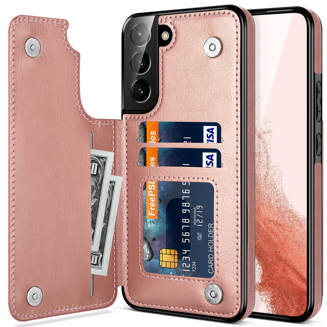 Galaxy S22 Case, for Samsung Galaxy S22 Cases Wallet Case Men Women ID Credit Card Slot Holder Cash Pocket PU Leather Sleeve Double Magnetic Closure Clasp Galaxy S22 5G Flip Cases Rose Gold