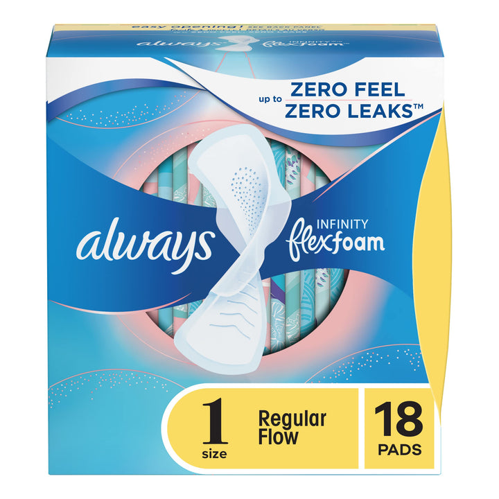 Always Infinity Feminine Pads For Women, Size 1 Regular Absorbency, With Wings, With Flexfoam, Unscented, 18 Count
