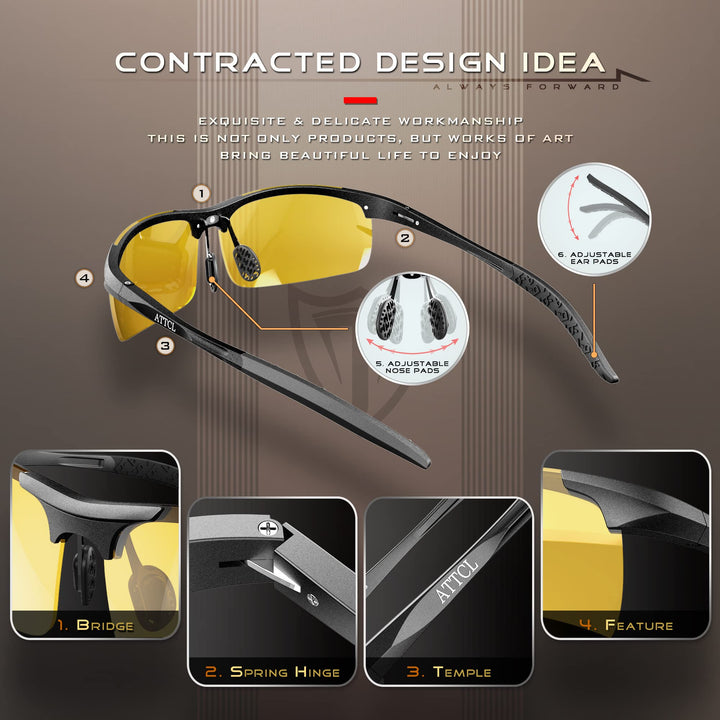 Men&#39;s Night Driving Glasses: Night Time Driving Glasses for Men Al-Mg metal Yellow Sunglasses 8177-night
