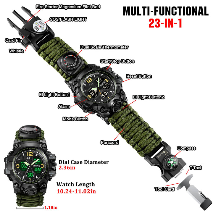 23-in-1 Survival Military Digital Watch, Mens Tactical Multi-Functional and Adjustable Wristband Outdoors Waterproof Sports Dual Dial Watches with Compass Paracord Band, Army Green Camouflage, Digital