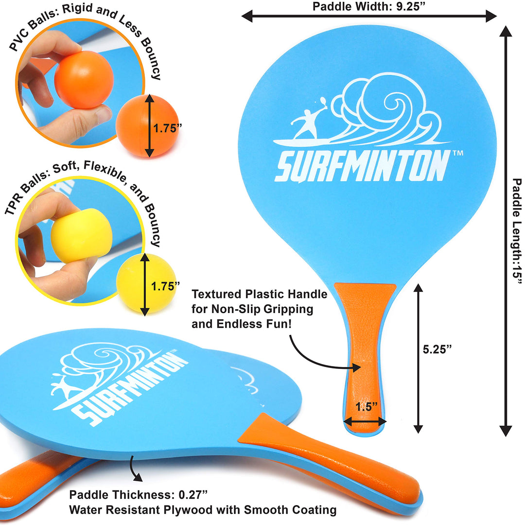 Surfminton Classic Blue and Orange Beach Tennis Wooden Paddle Game Set (4 Balls, 2 Thick Water Resistant Wooden Rackets, 1 Reusable Mesh Bag)